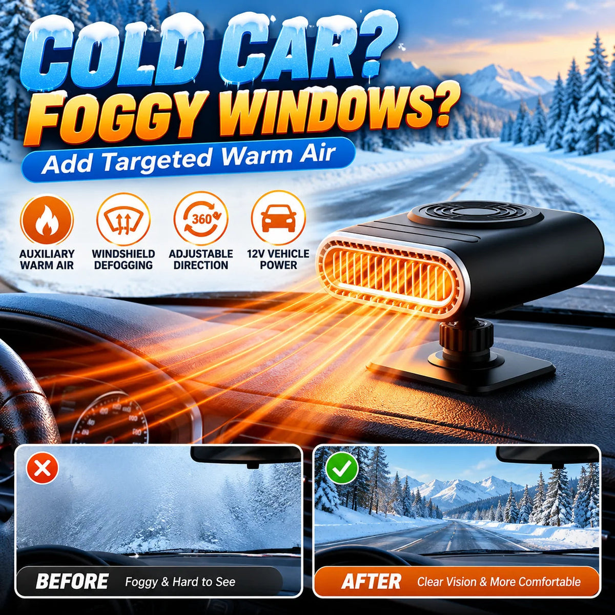 ❄️ 12V Portable Car Heater & Defogger – Adjustable Warm Air Fan for Winter Driving