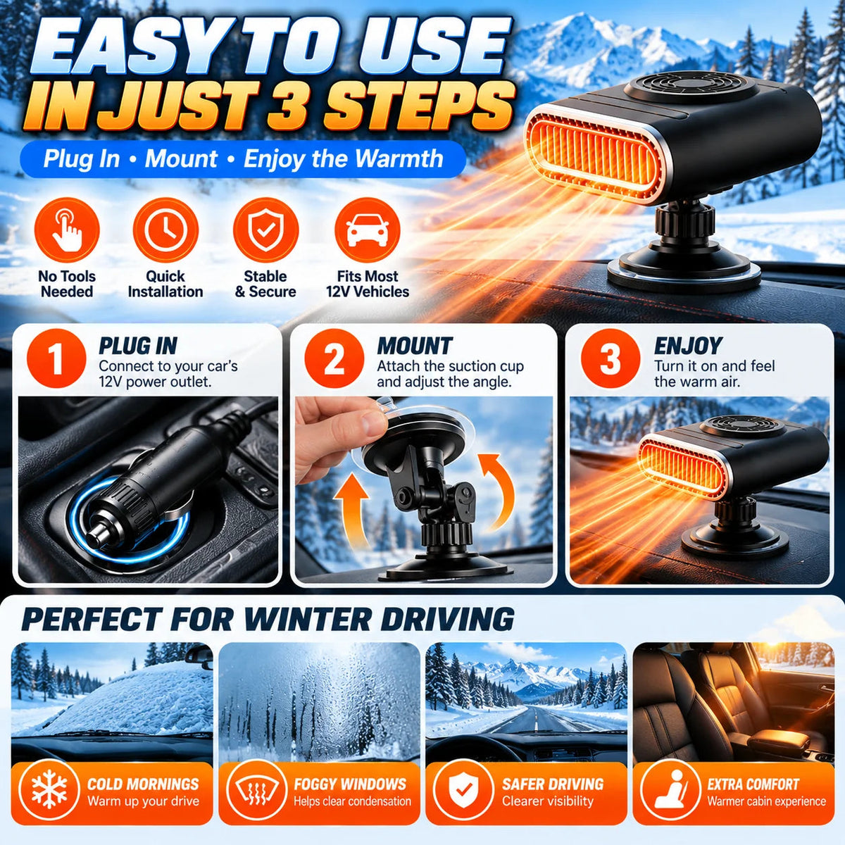 ❄️ 12V Portable Car Heater & Defogger – Adjustable Warm Air Fan for Winter Driving